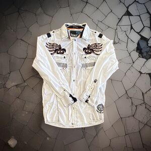Roar Signature Long Sleeve Button Up Shirt Sz XL Embroidered Graphics White EUC